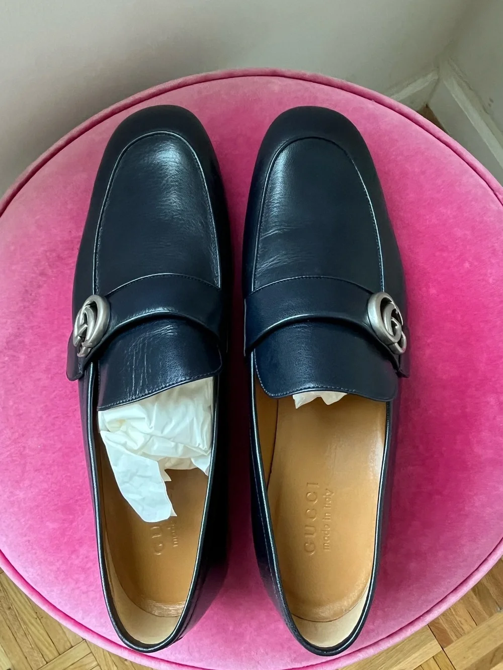 Gucci Dark Blue Leather Men's Loafers with Silver GG Bit